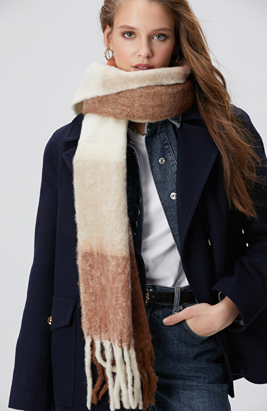 Ekru Kadın Yün Karışımlı Atkı