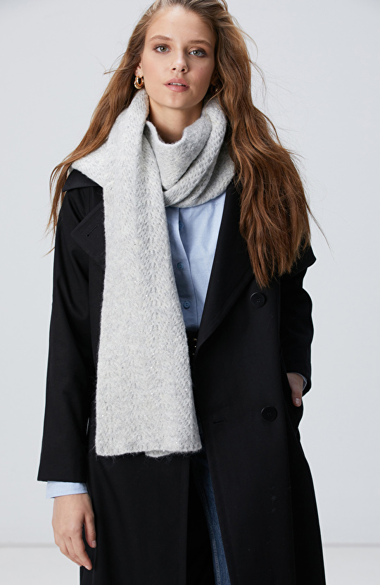 Gri Siyah Beyaz Yün Karışımlı Atkı