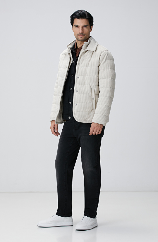 Kırık Beyaz Fitilli Kadife Puffer Coat Ceket