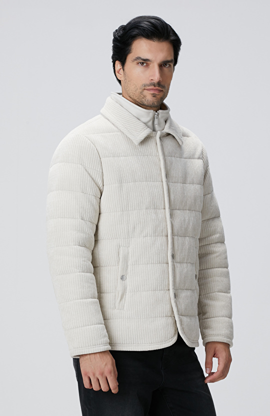 Kırık Beyaz Fitilli Kadife Puffer Coat Ceket