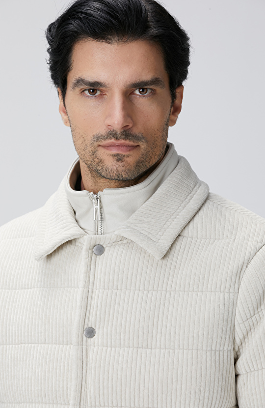 Kırık Beyaz Fitilli Kadife Puffer Coat Ceket