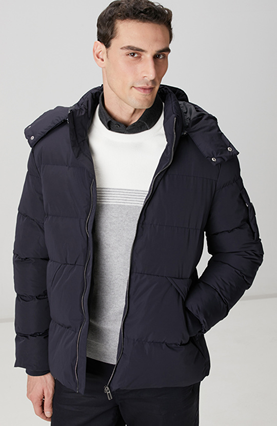 Lacivert Kapüşonlu Kapitoneli Casual Kaban