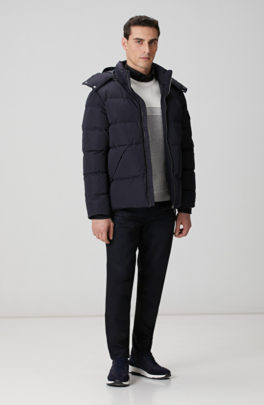 Lacivert Kapüşonlu Kapitoneli Casual Kaban