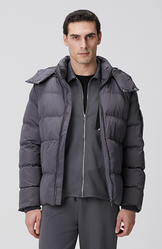 Gri Kapüşonlu Kapitoneli Casual Kaban