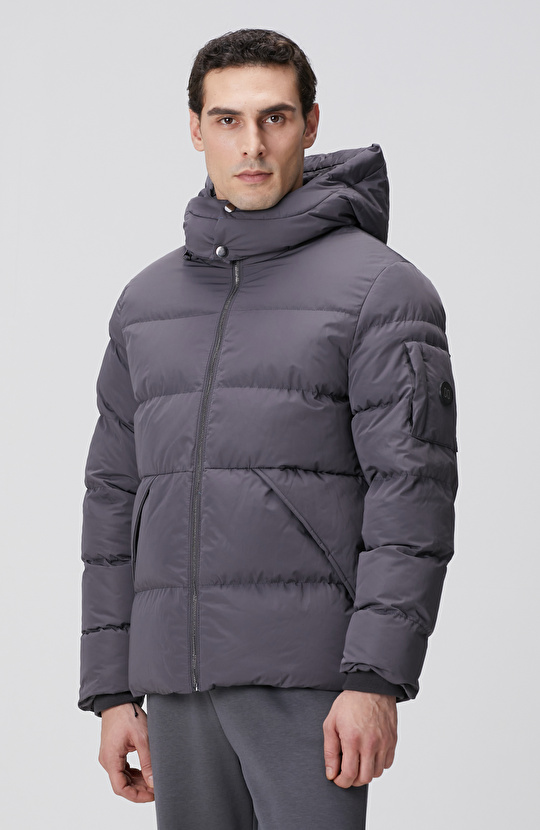 Gri Kapüşonlu Kapitoneli Casual Kaban