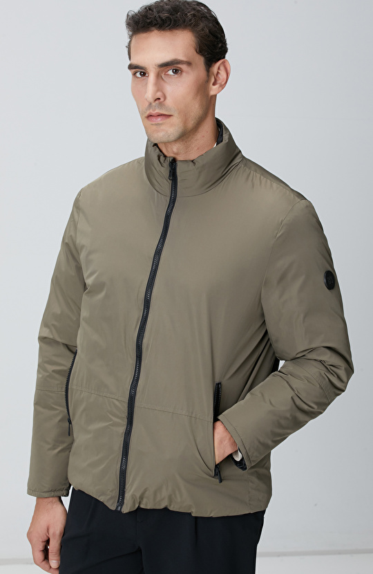 Haki Dik Yaka Çift Taraflı Mont