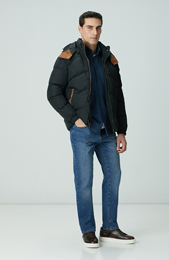 Siyah Su İtici Özellikli Deri Garnili Mont