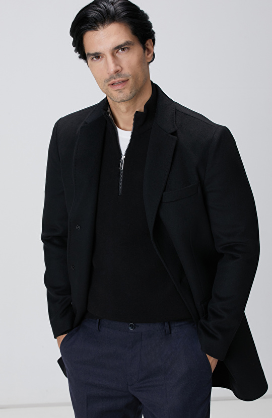 Siyah Kaşmir Karışımlı Palto