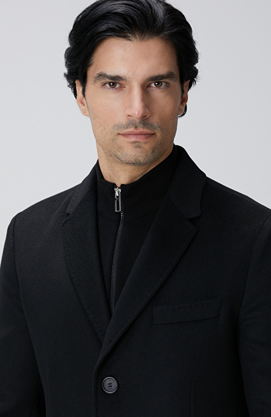 Siyah Kaşmir Karışımlı Palto