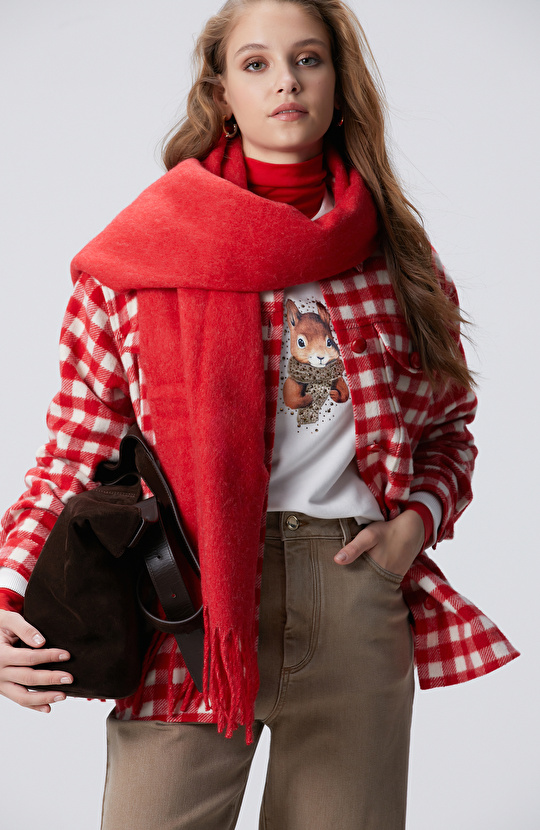 Kırmızı Kadın Yün Karışımlı Şal
