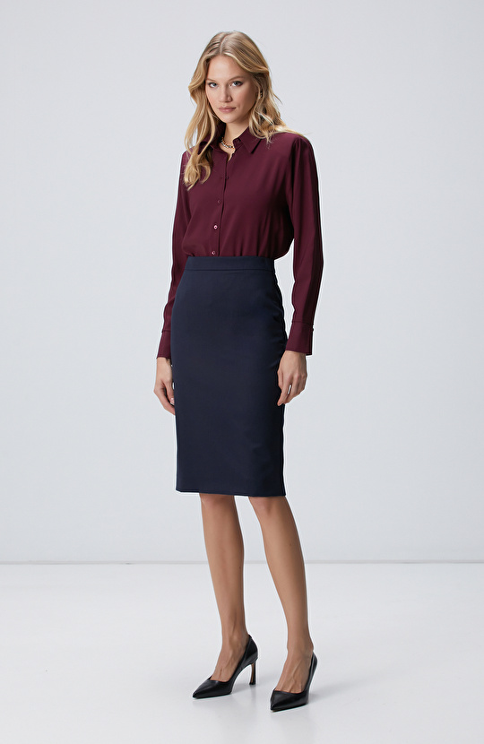 Lacivert Yün Karışımlı Midi Kalem Etek