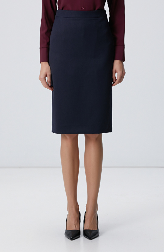 Lacivert Yün Karışımlı Midi Kalem Etek