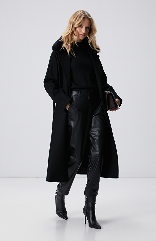 Siyah Kaşmir ve Yün Karışımlı Manto