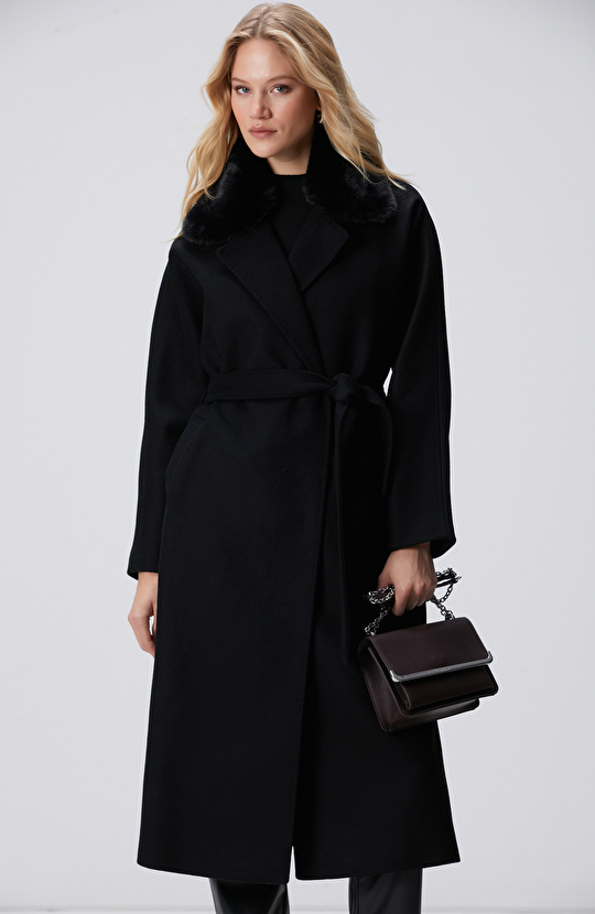 Siyah Kaşmir ve Yün Karışımlı Manto