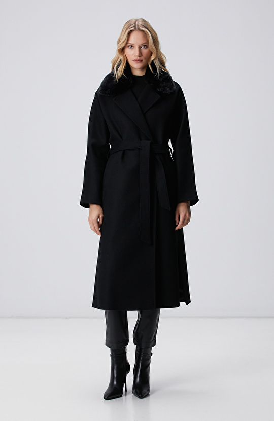 Siyah Kaşmir ve Yün Karışımlı Manto