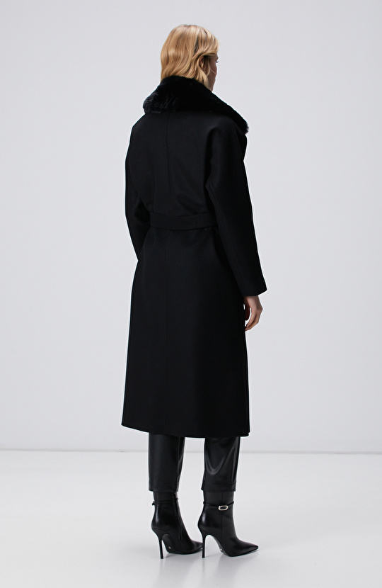 Siyah Kaşmir ve Yün Karışımlı Manto