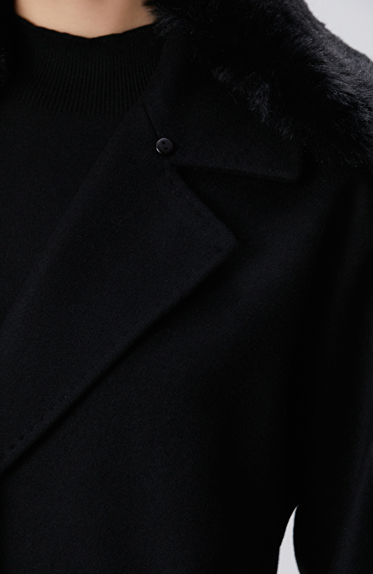 Siyah Kaşmir ve Yün Karışımlı Manto