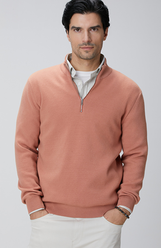 Somon Yakası Fermuarlı Triko Kazak