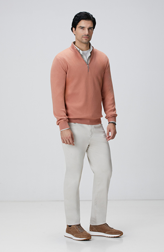 Somon Yakası Fermuarlı Triko Kazak