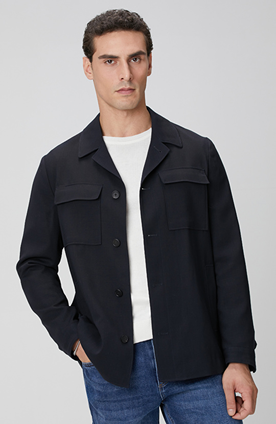 Koyu Lacivert Cep Detaylı Yün Dış Gömlek