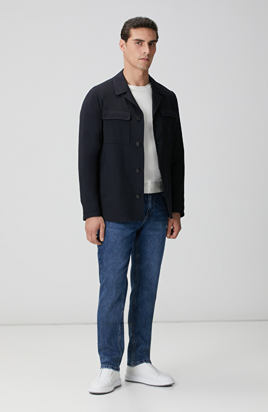 Koyu Lacivert Cep Detaylı Yün Dış Gömlek