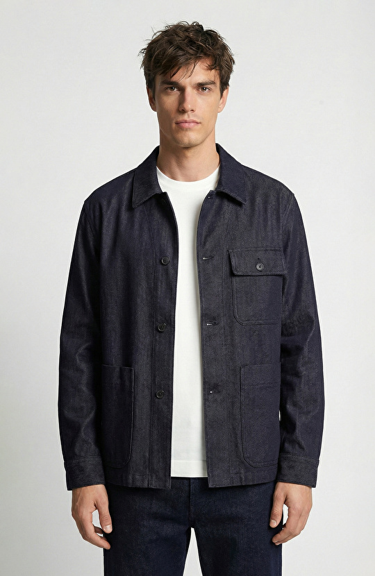 Koyu Lacivert Cep Detaylı Denim Dış Gömlek
