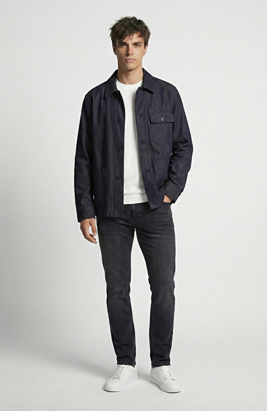 Koyu Lacivert Cep Detaylı Denim Dış Gömlek