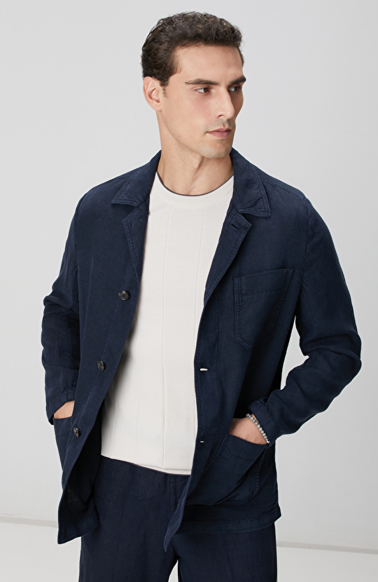 Lacivert Cep Detaylı Parça Boya Keten Dış Gömlek