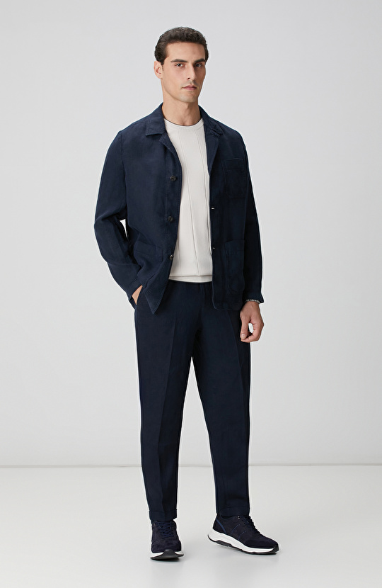 Lacivert Cep Detaylı Parça Boya Keten Dış Gömlek