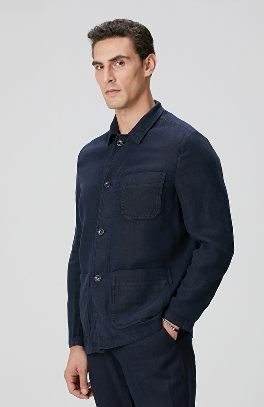 Lacivert Cep Detaylı Parça Boya Keten Dış Gömlek