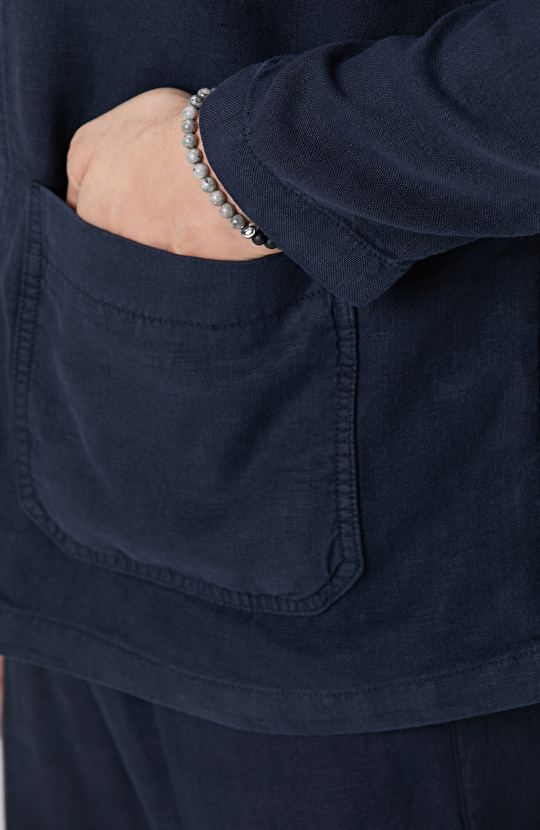 Lacivert Cep Detaylı Parça Boya Keten Dış Gömlek