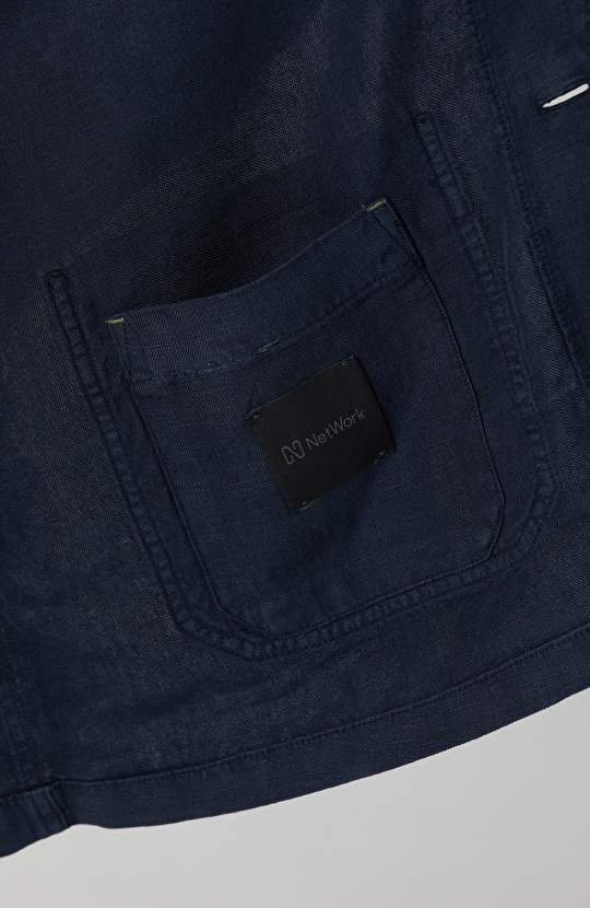 Lacivert Cep Detaylı Parça Boya Keten Dış Gömlek