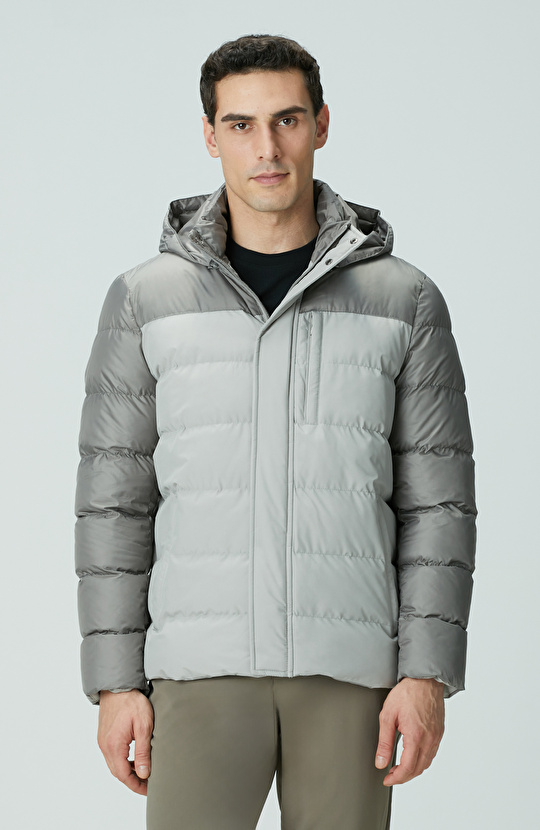 Gri Kapüşonlu Ray Kapitoneli Casual Kaban