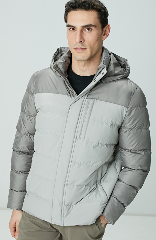 Gri Kapüşonlu Ray Kapitoneli Casual Kaban