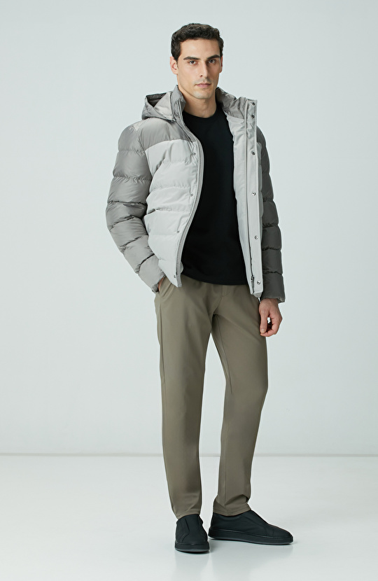 Gri Kapüşonlu Ray Kapitoneli Casual Kaban