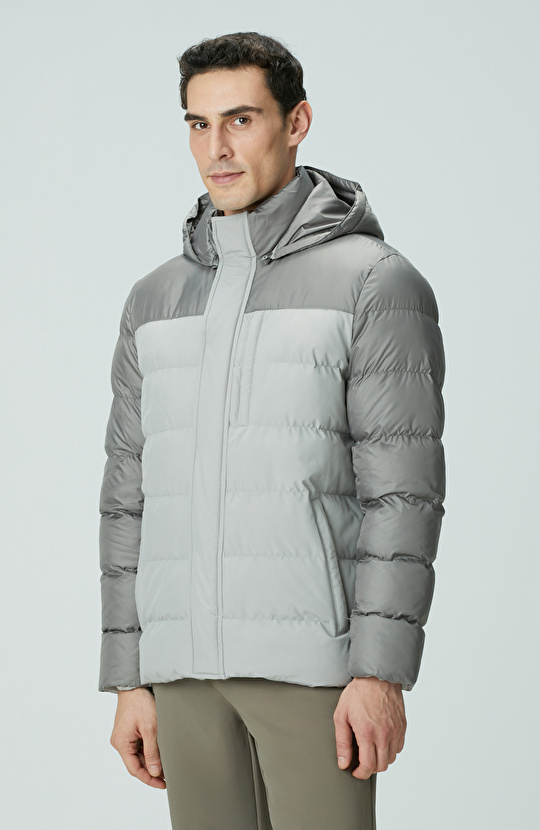 Gri Kapüşonlu Ray Kapitoneli Casual Kaban