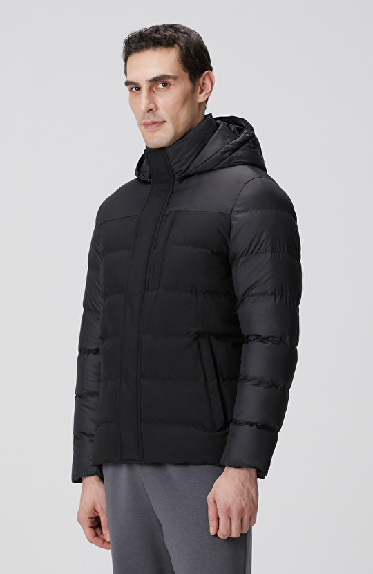 Siyah Kapüşonlu Ray Kapitoneli Casual Kaban