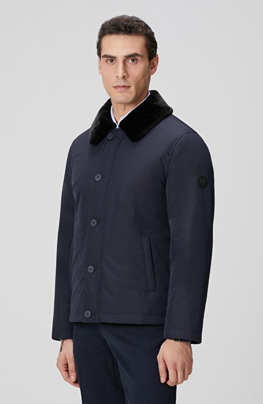 Lacivert Yakası Kürk Detaylı Mont