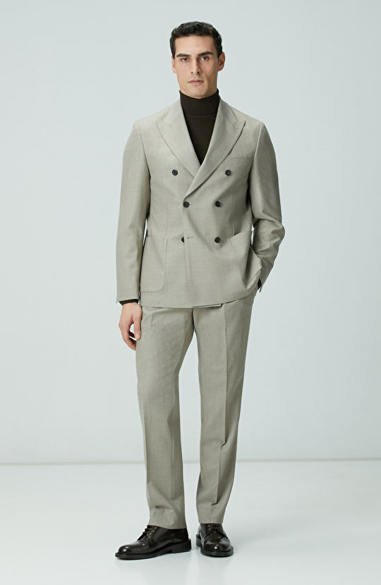 Bej Yün Karışımlı Kruvaze Takım Elbise