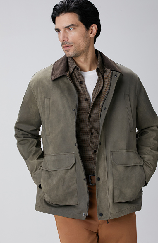 Haki Batik Desenli Coat Ceket