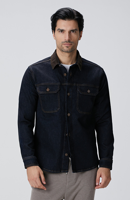Lacivert Yakası Kadife Denim Gömlek