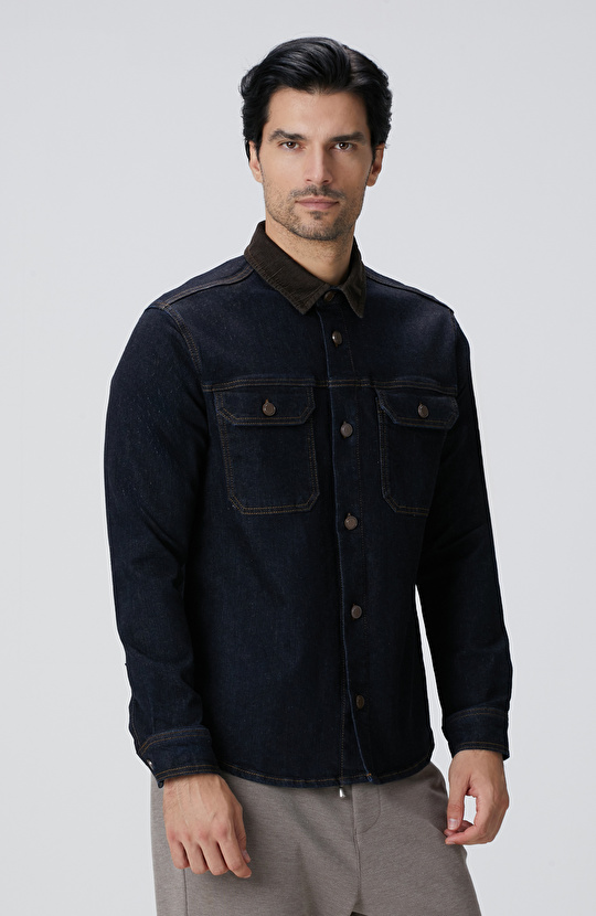 Lacivert Yakası Kadife Denim Gömlek