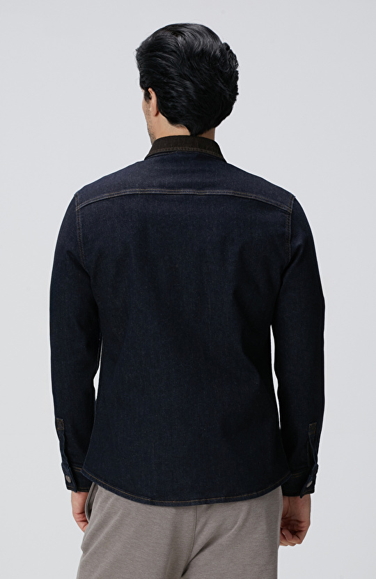 Lacivert Yakası Kadife Denim Gömlek