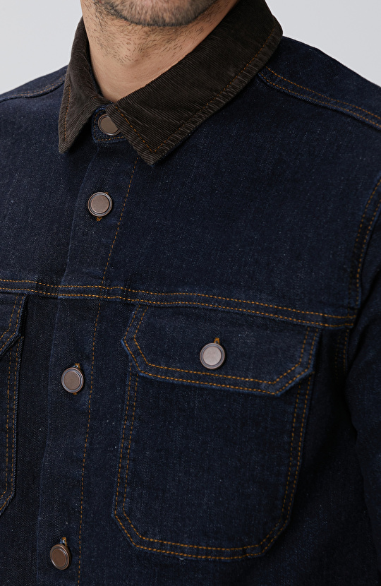 Lacivert Yakası Kadife Denim Gömlek