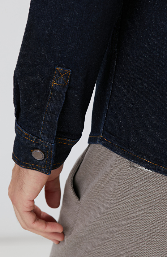 Lacivert Yakası Kadife Denim Gömlek