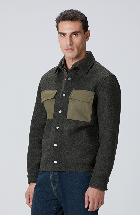 Haki Yün Karışımlı Dış Gömlek