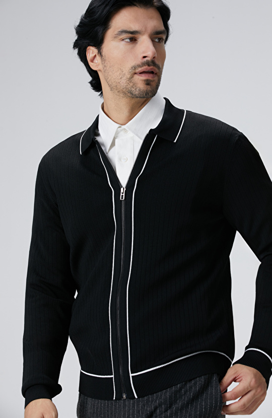 Siyah Melanj Rayon Fermuarlı Hırka