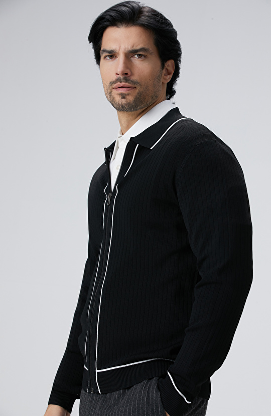 Siyah Melanj Rayon Fermuarlı Hırka