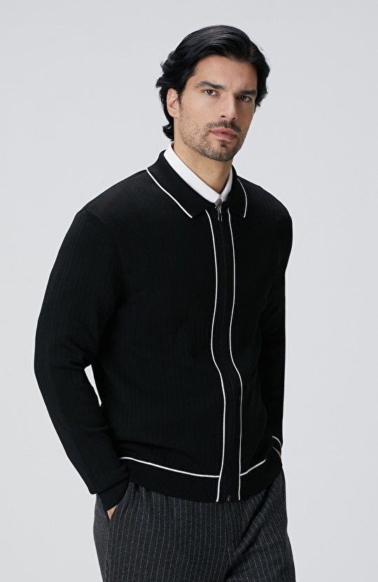 Siyah Melanj Rayon Fermuarlı Hırka