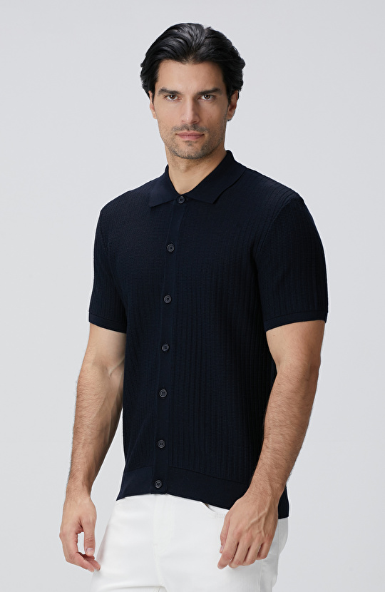 Lacivert Yün Karışımlı Triko Gömlek